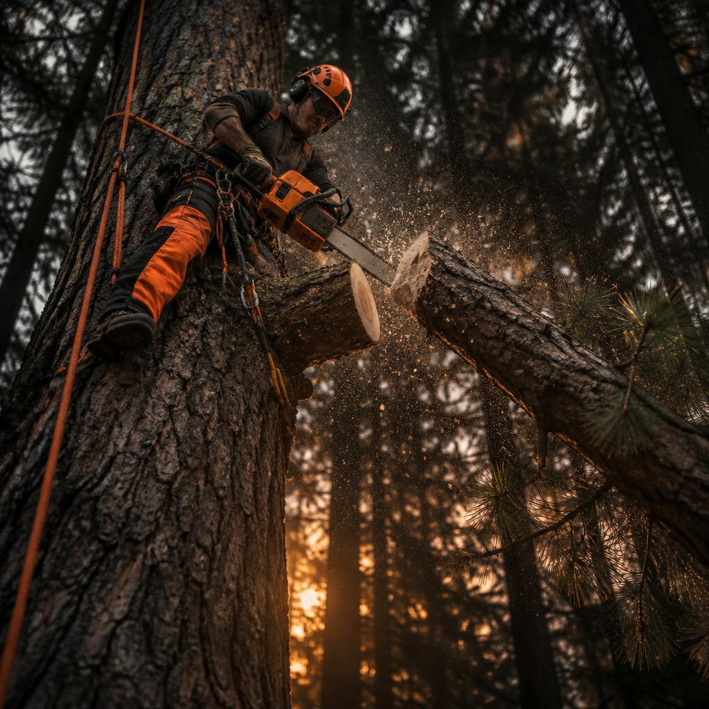 Arborist in an orange helmet and orange chaps using an orange chainsaw to cut a limb high in a pine tree